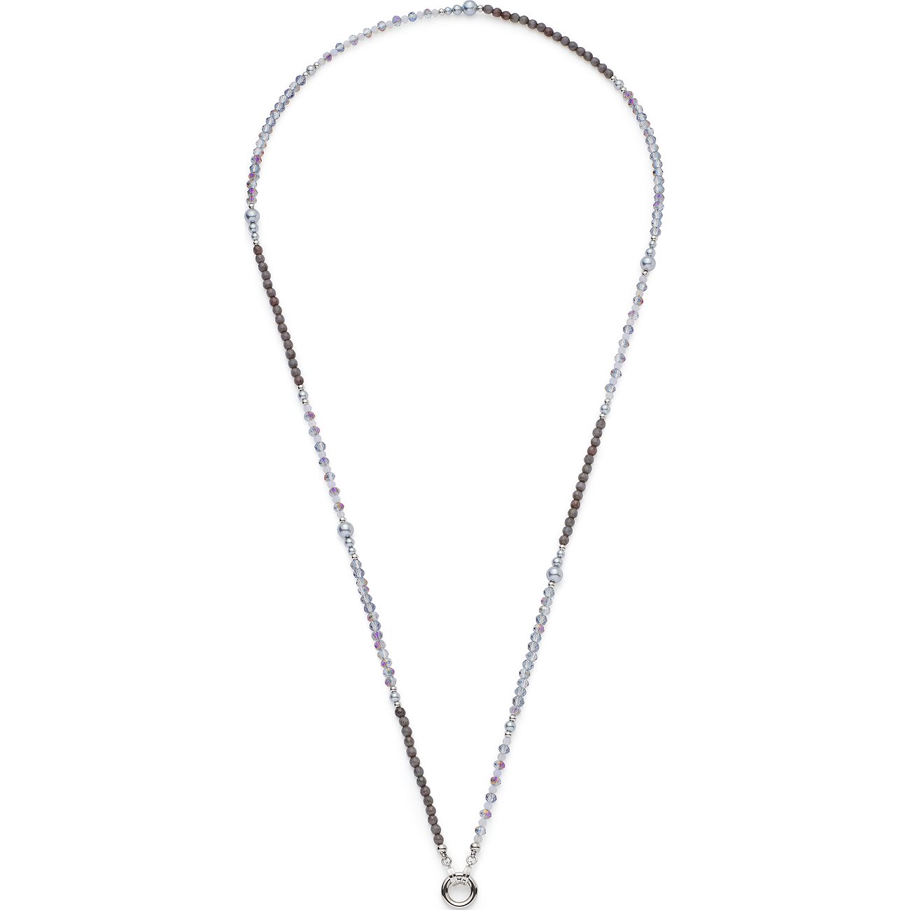 Collier Leonardo en acier inoxydable avec perles de verre gris-brun et claires alternées, et un pendentif anneau.