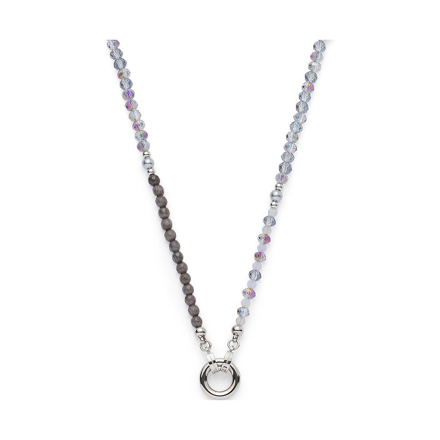 Collier Leonardo en acier inoxydable avec perles de verre gris-mouchetées, fermoir rond et pierres précieuses scintillantes.