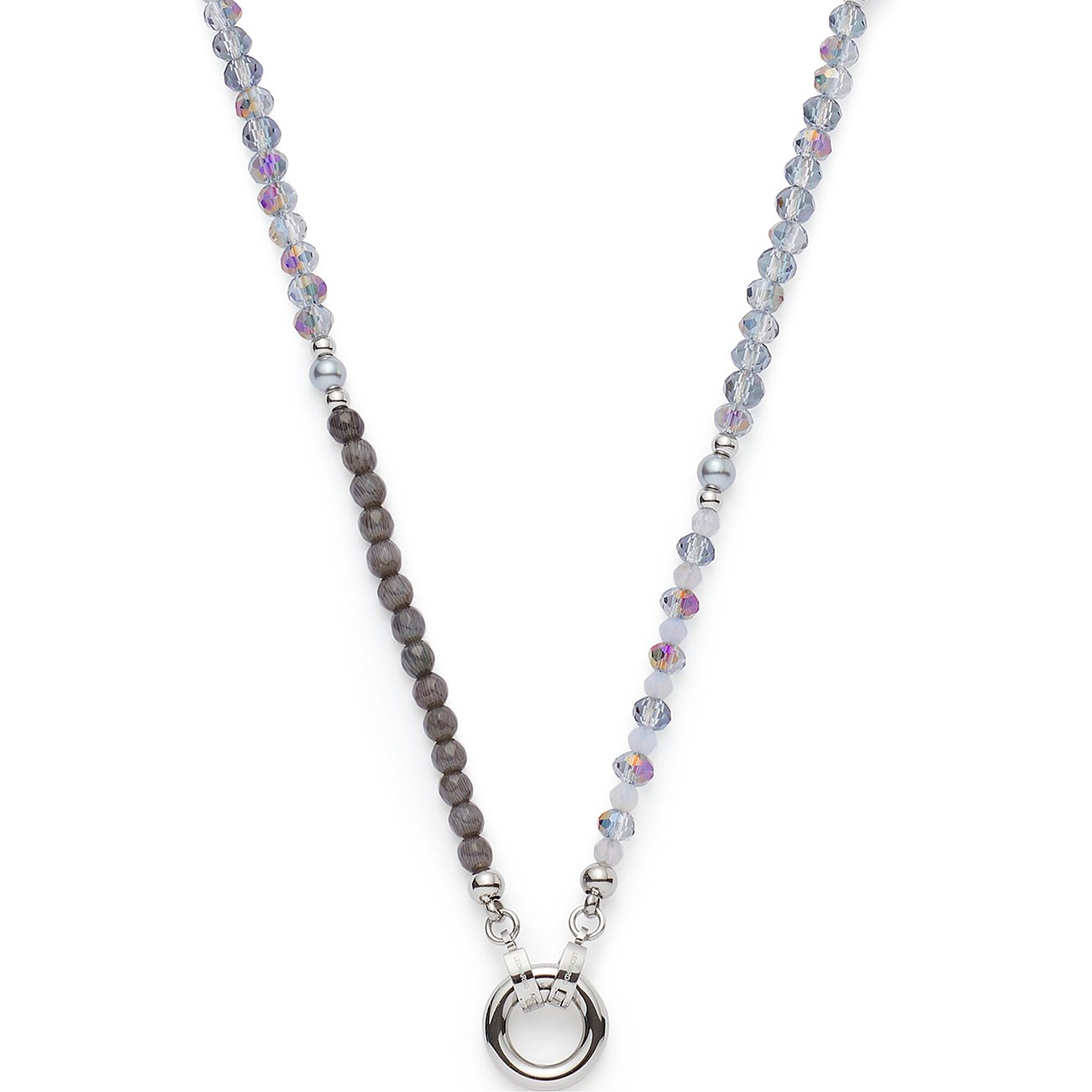 Collier Leonardo en acier inoxydable avec perles de verre gris-mouchetées, fermoir rond et pierres précieuses scintillantes.