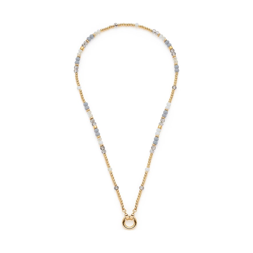 Leonardo Halskette aus Edelstahl mit goldenen Perlen und hellgrauen sowie weißen Glassteinperlen, mit Anhängerring.