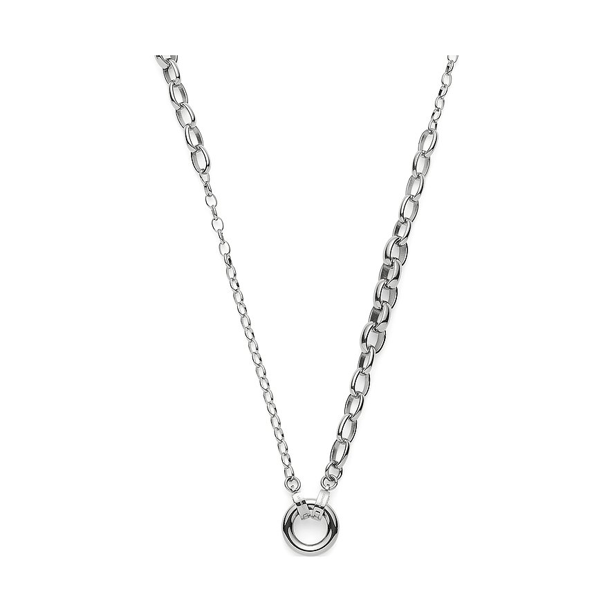 Collier Leonardo en acier inoxydable avec deux chaînes de tailles différentes, entourant un grand pendentif rond.
