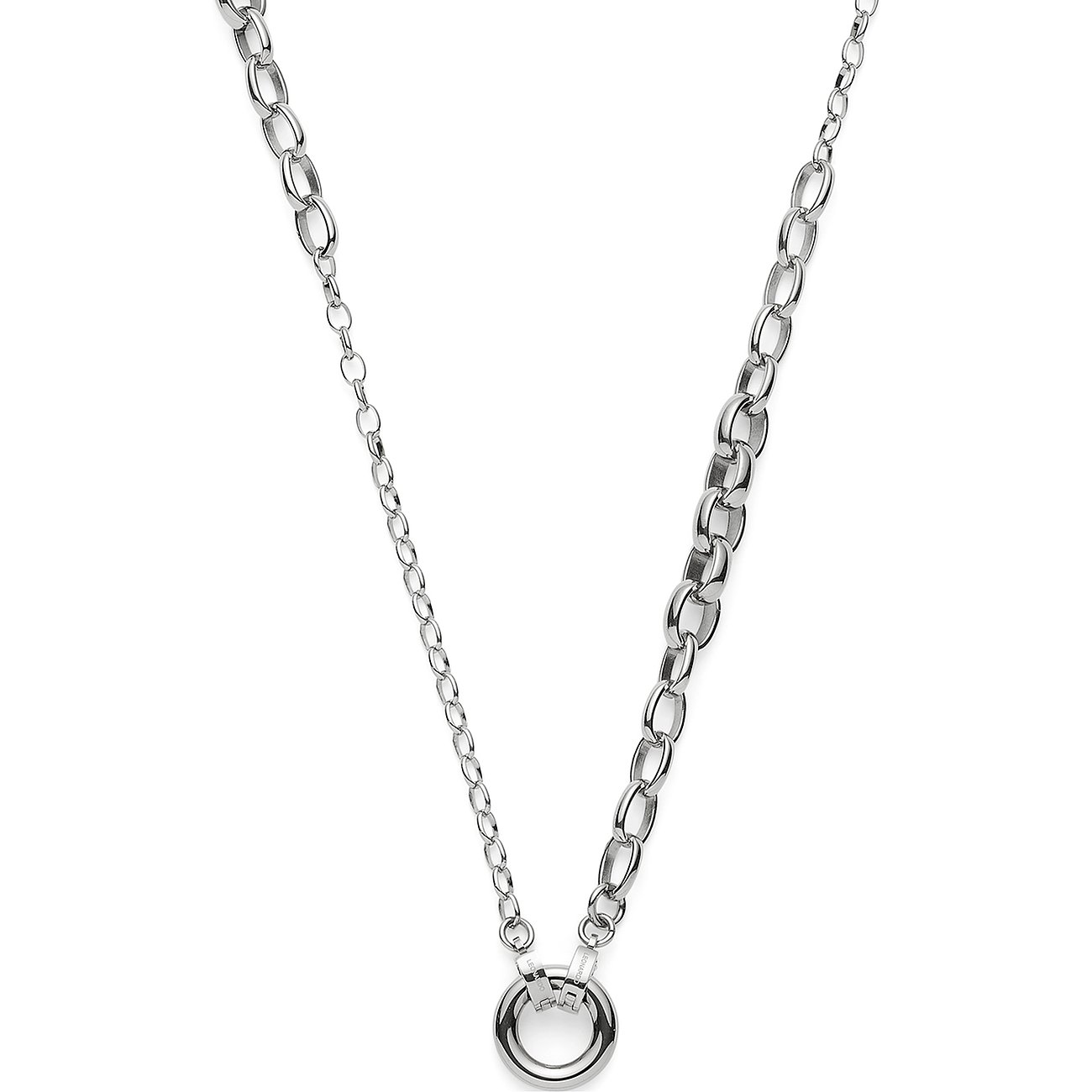 Collier Leonardo en acier inoxydable avec deux chaînes de tailles différentes, entourant un grand pendentif rond.