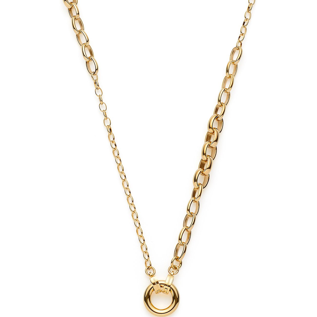 Collier Leonardo en acier inoxydable doré. Une moitié de la chaîne a des maillons plus fins, l'autre plus épais.