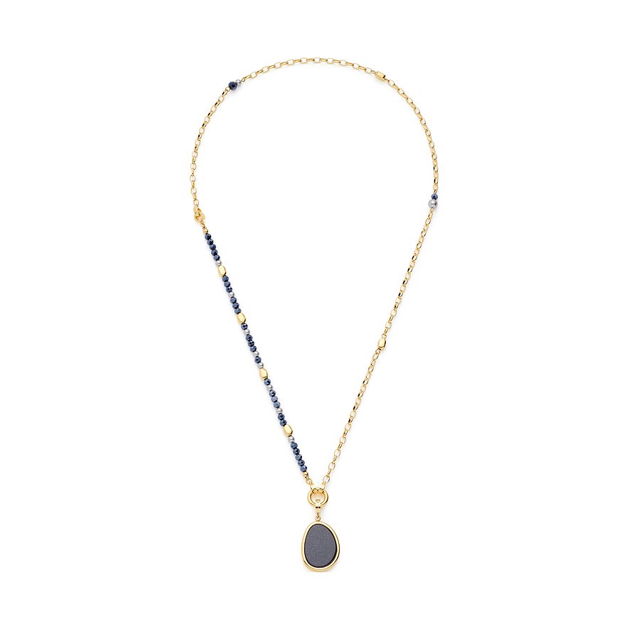 Collana Leonardo in acciaio inossidabile color oro con piccole pietre di vetro blu e oro e ciondolo ovale.