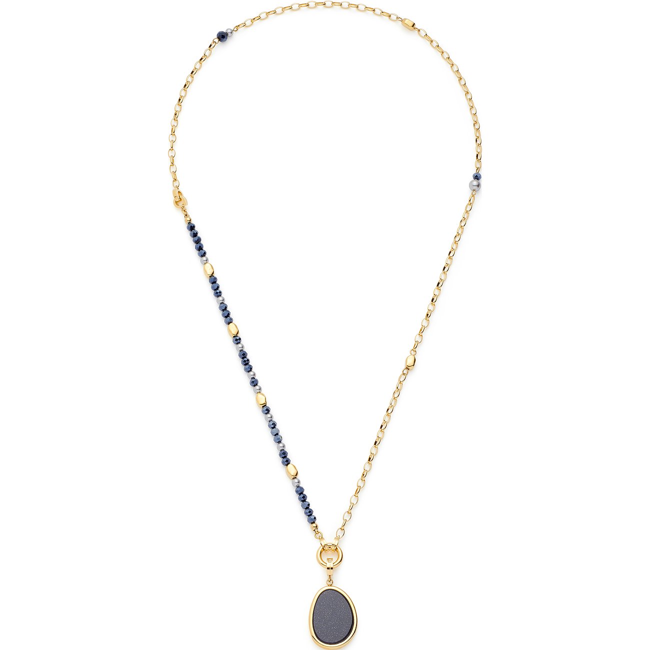 Collana Leonardo in acciaio inossidabile color oro con piccole pietre di vetro blu e oro e ciondolo ovale.
