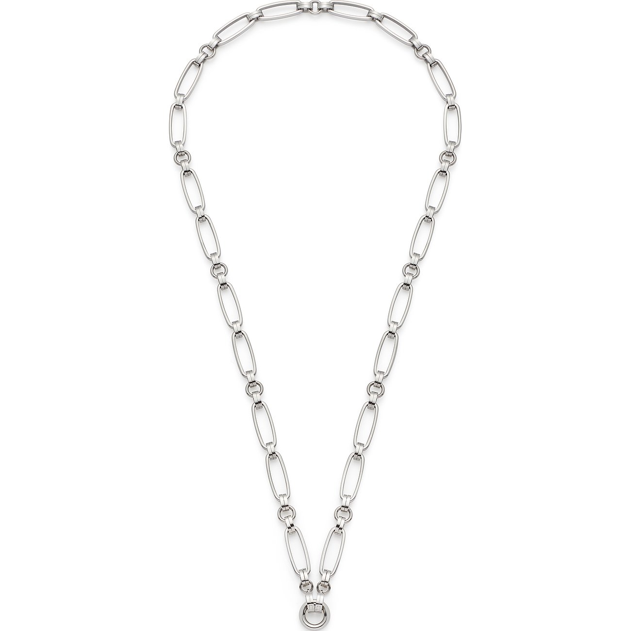 Collana Leonardo in acciaio inox con maglie ovali lunghe e corte, tonalità argento lucido.