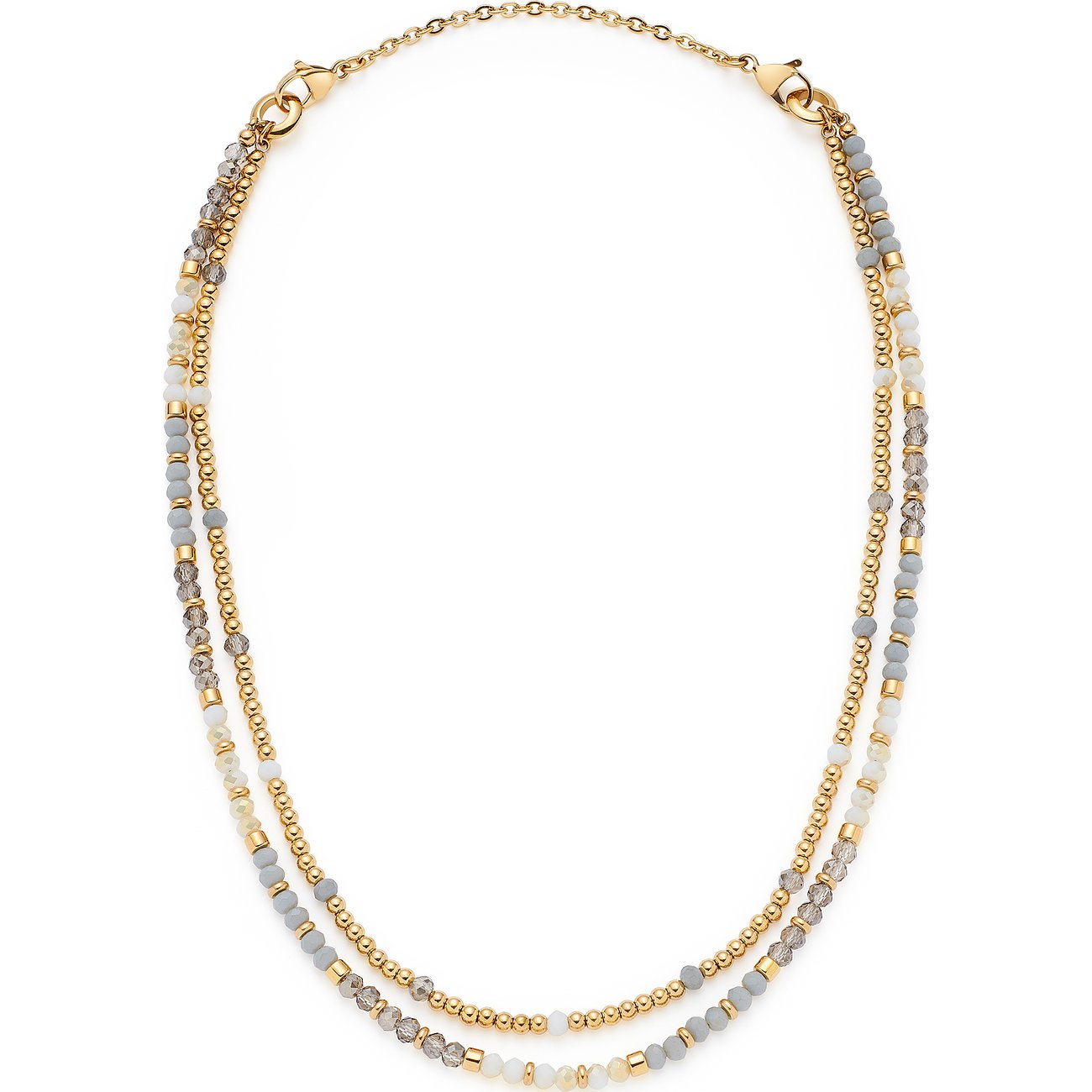 Leonardo halsband i rostfritt stål med två rader guldfärgade kulor och olikfärgade glasstenar.