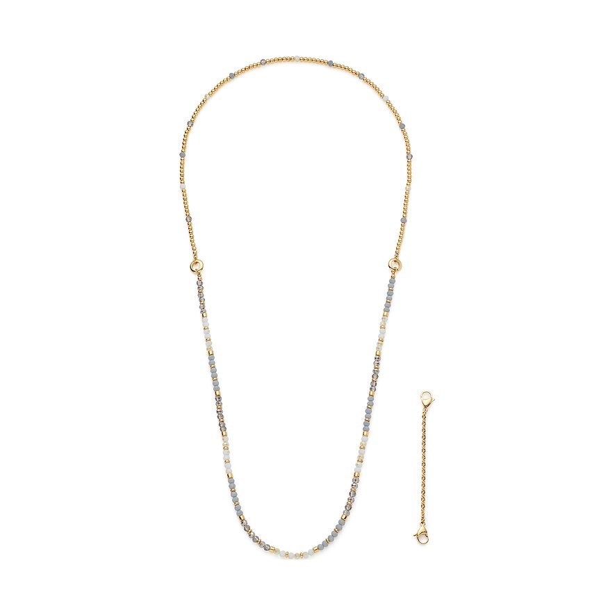 Leonardo halsband i guldfärgat stål med ljus- och mörkgrå glasstenar samt förlängningskedja.