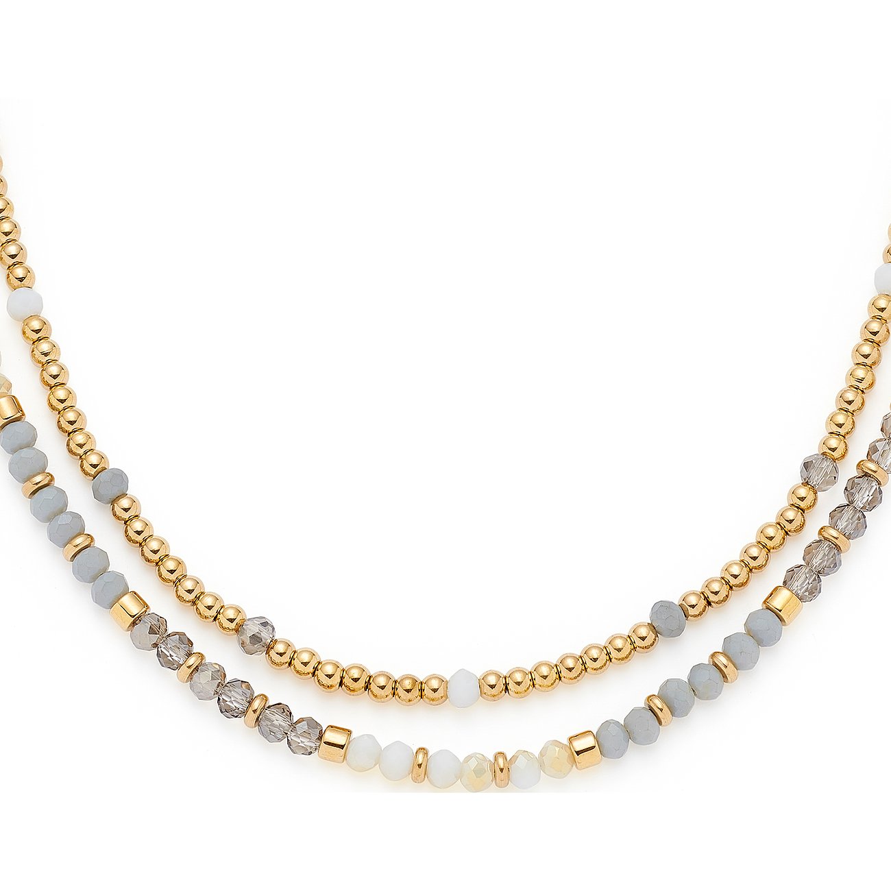 Leonardo halsband: En tvåradig kedja i guldfärgat rostfritt stål och glasstenar i grått och vitt.