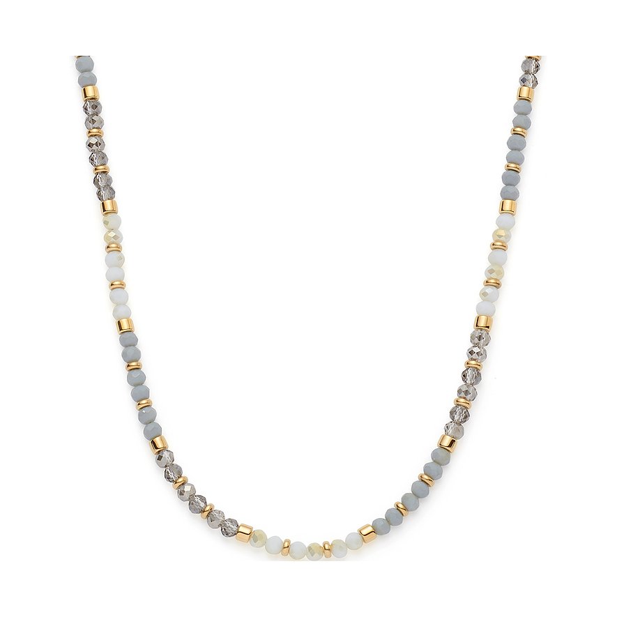 Leonardo halsband i rostfritt stål med runda glasstenar i grått, vitt och guld, front vy.