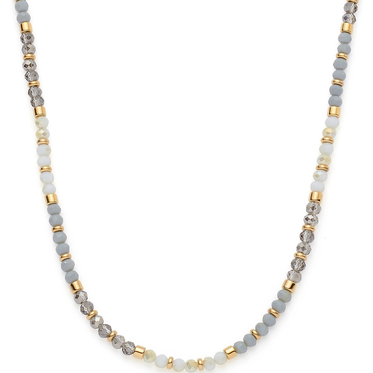 Leonardo halsband i rostfritt stål med runda glasstenar i grått, vitt och guld, front vy.