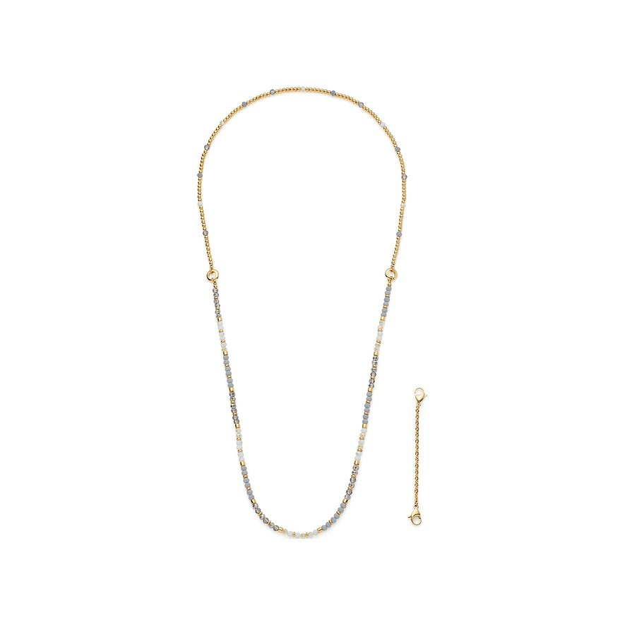 Bracciale Leonardo in acciaio inossidabile placcato oro giallo con fini pietre di vetro grigie e bianche, ed estensione.