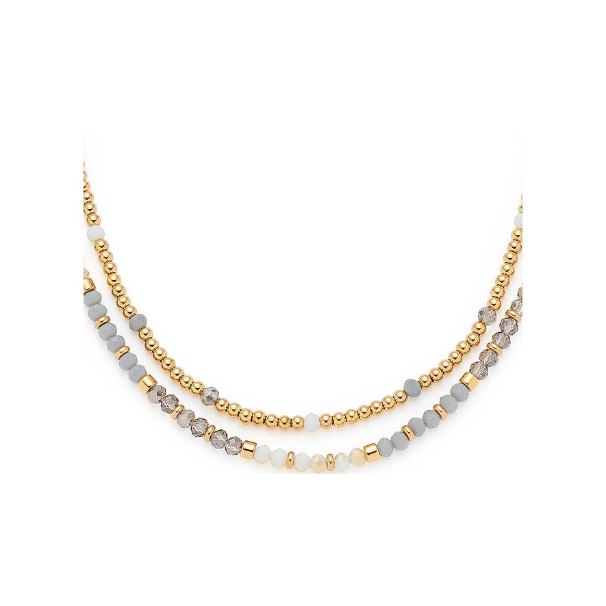 Bracciale Leonardo in acciaio inox con perline color oro e pietre di vetro grigie e bianche di varie forme.