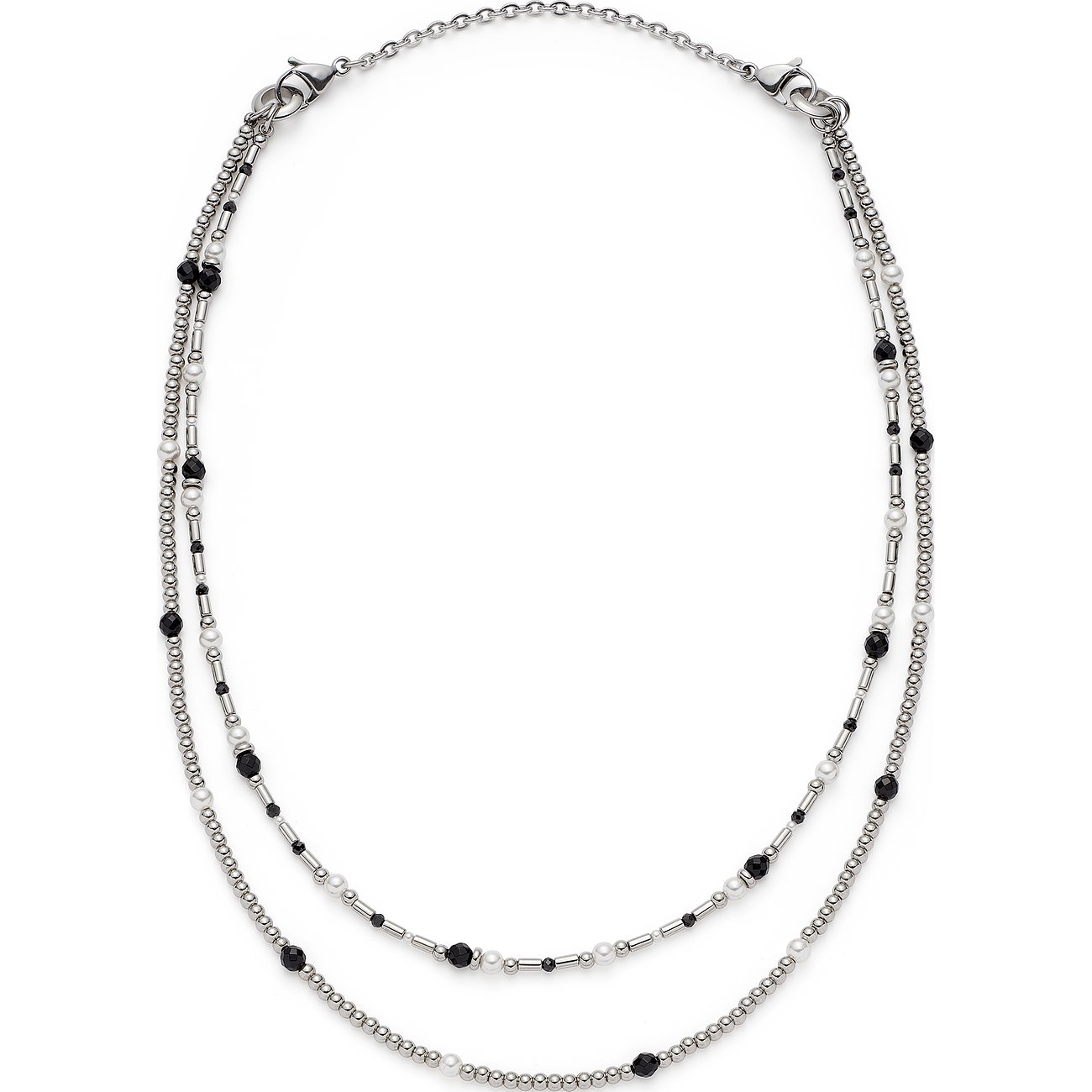 Leonardo Edelstahl-Halskette mit drei Lagen und schwarzen/weißen Glassteinen.