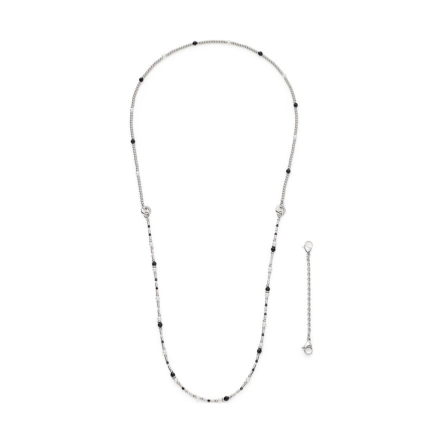 Leonardo Edelstahl-Halskette mit langen und kurzen Gliedern, kleinen schwarzen Glassteinen und Verlängerung.