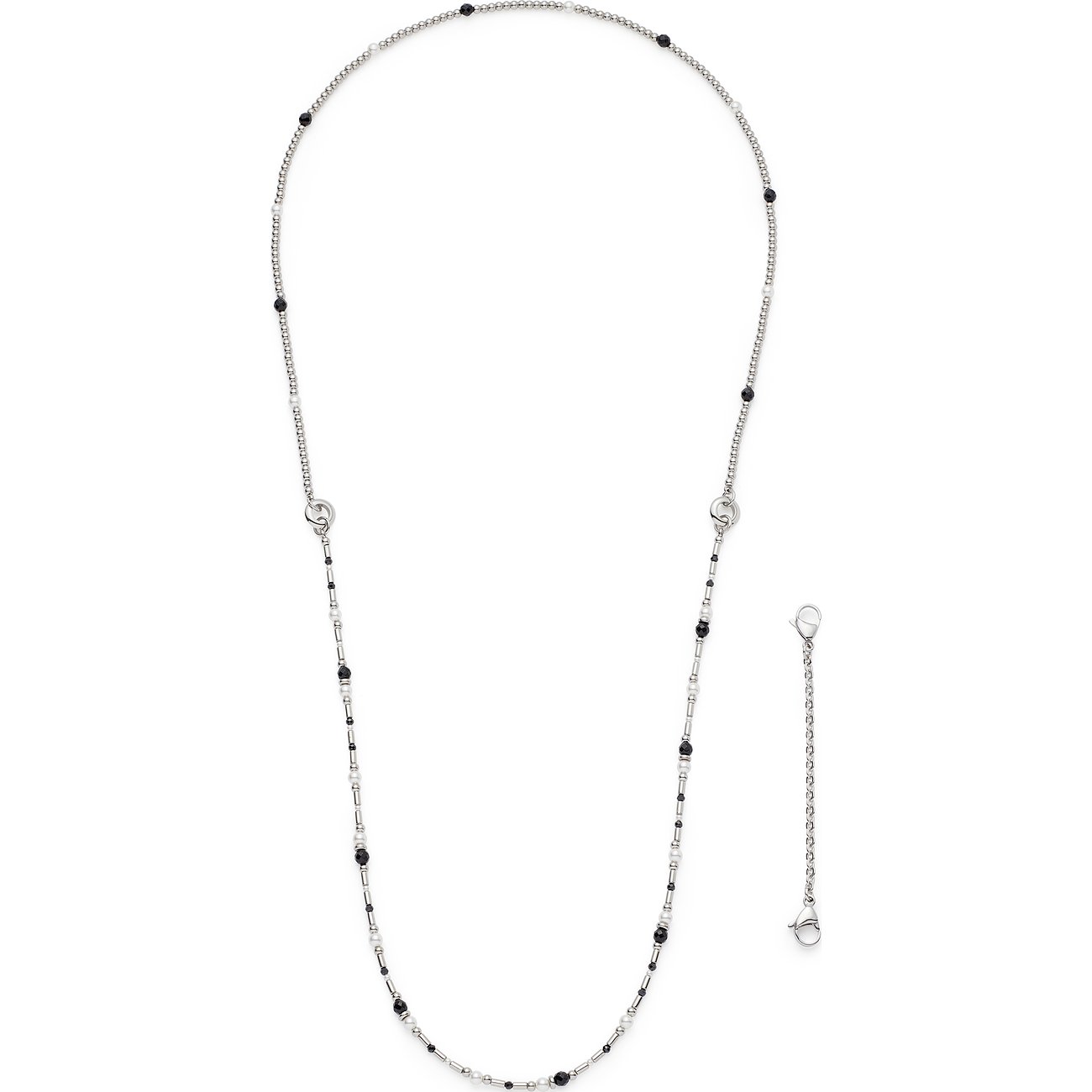 Leonardo Edelstahl-Halskette mit langen und kurzen Gliedern, kleinen schwarzen Glassteinen und Verlängerung.