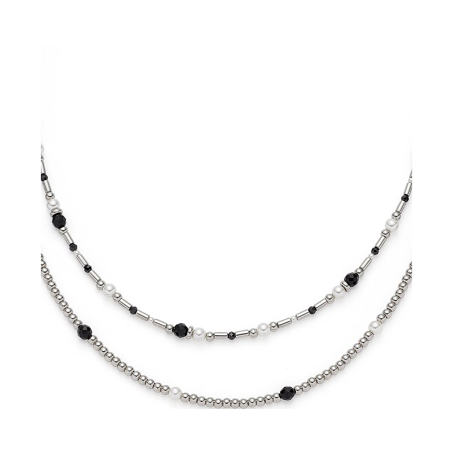 Leonardo Halskette aus Edelstahl mit zwei Ketten, die eine Kombination aus schwarzen und weißen Glassteinen zeigt.