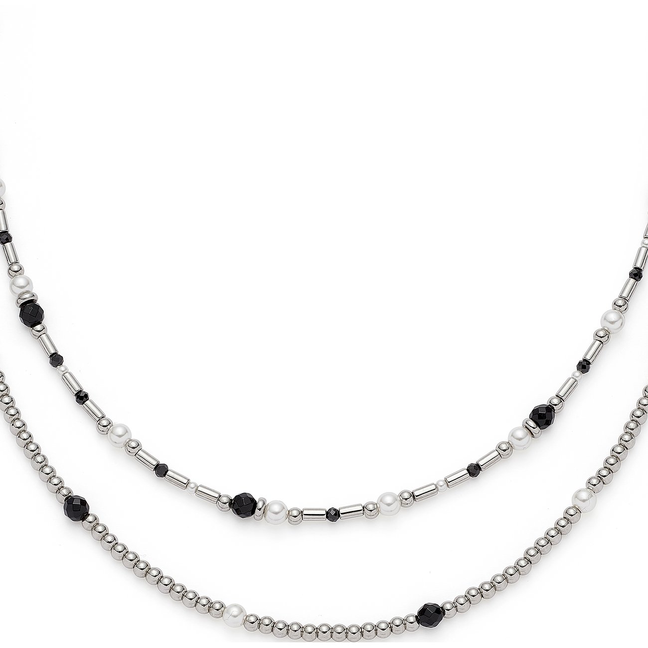 Leonardo Halskette aus Edelstahl mit zwei Ketten, die eine Kombination aus schwarzen und weißen Glassteinen zeigt.