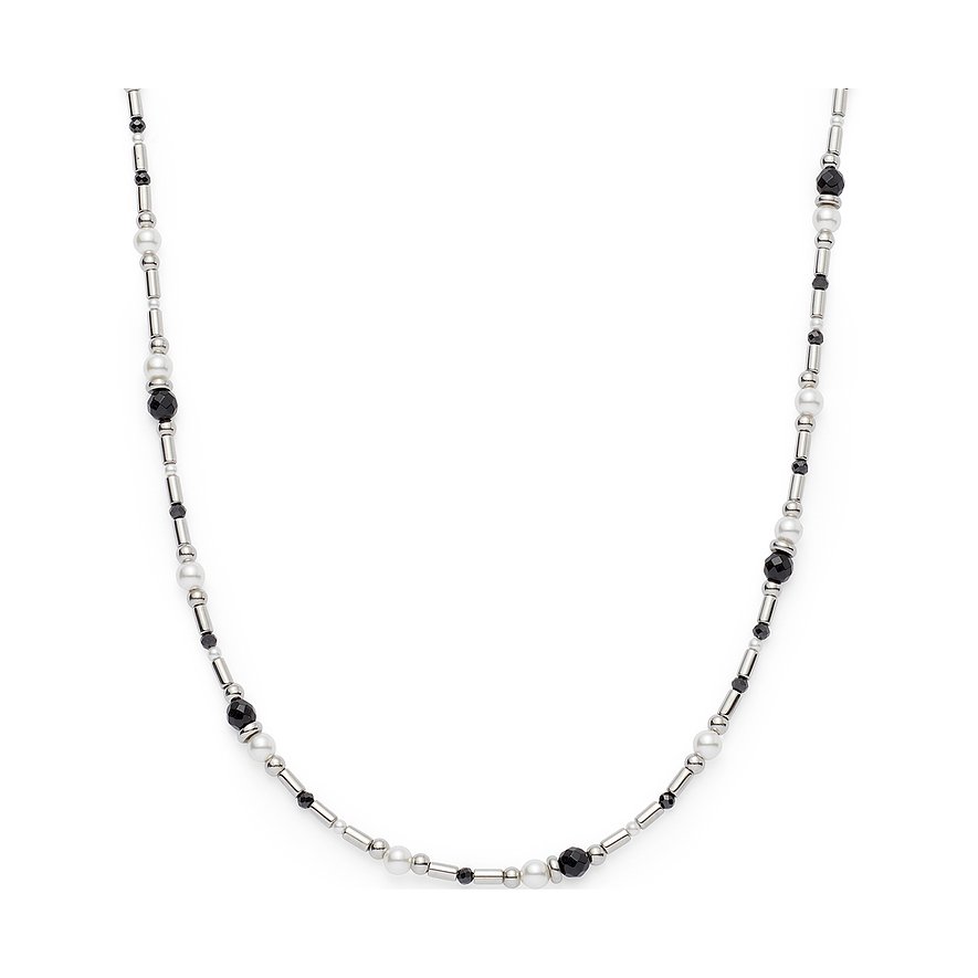 Leonardo Halsschmuck aus Edelstahl mit abwechselnd schwarzen und weißen Glassteinen in Form von Perlen und Stäben.
