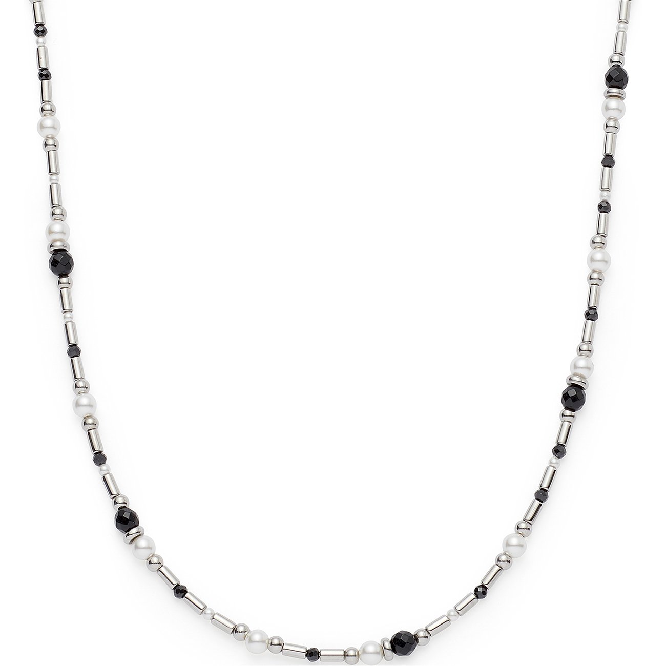 Leonardo Halsschmuck aus Edelstahl mit abwechselnd schwarzen und weißen Glassteinen in Form von Perlen und Stäben.