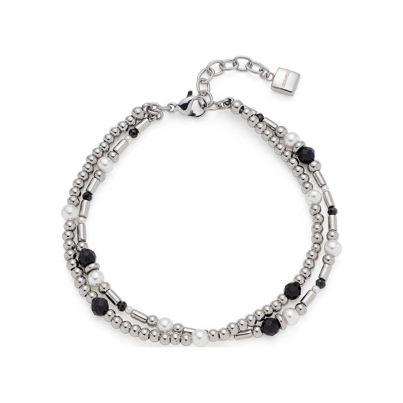 Das Leonardo Damen-Armband aus Edelstahl zeigt zwei Reihen von silbernen Kugeln, kleinen Röhrchen und weißen Perlen.