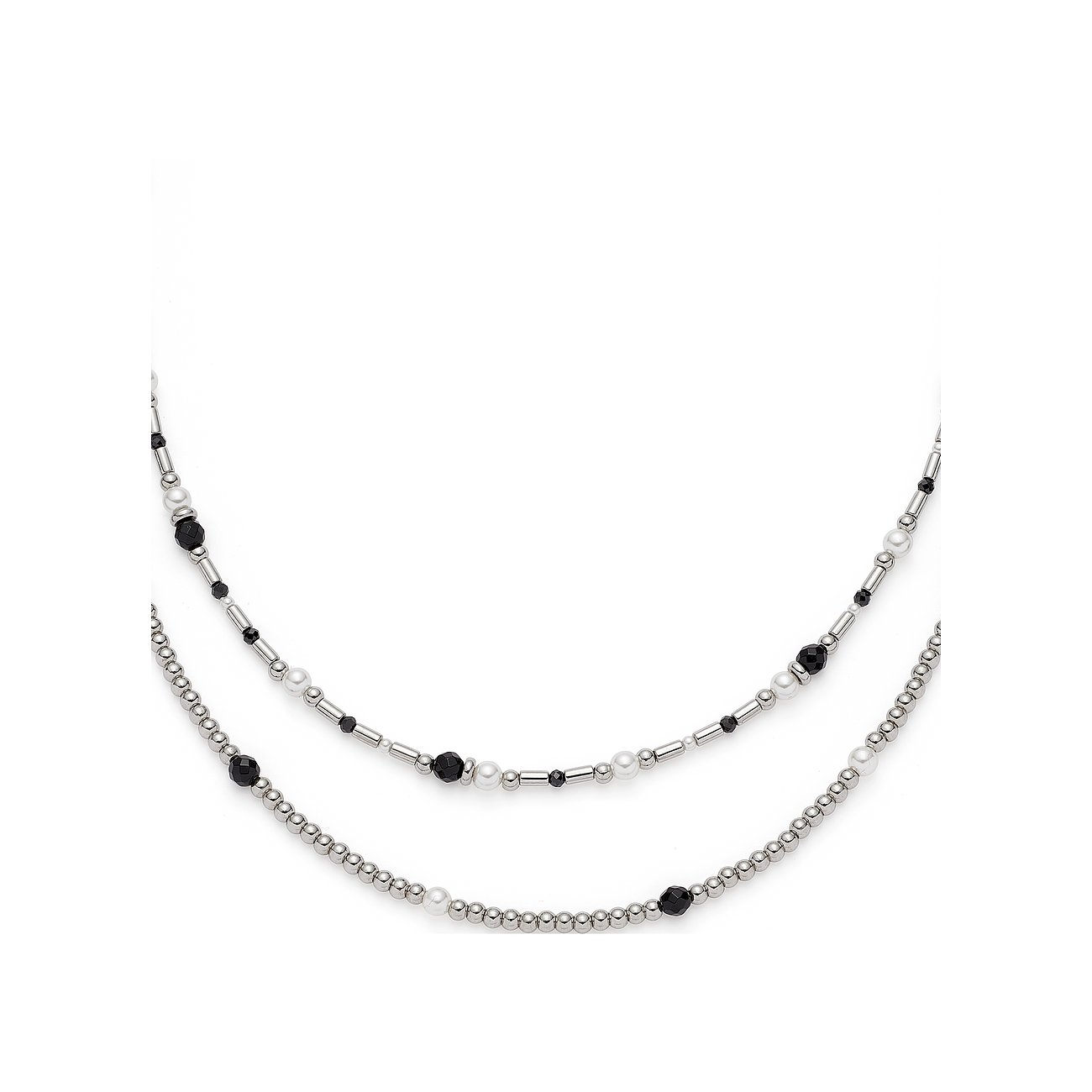 Leonardo Armschmuck aus Edelstahl mit doppelreihigen Ketten und schwarzen und weißen Glassteinperlen.