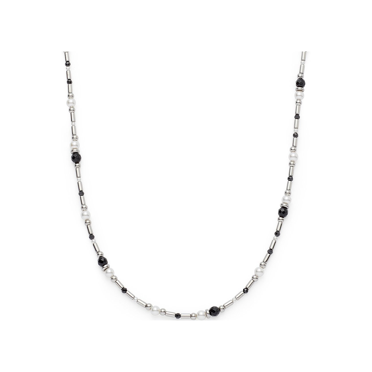 Leonardo Armschmuck aus Edelstahl mit abwechselnd silberfarbenen Röhrchen, weißen Perlen und schwarzen Glassteinen.