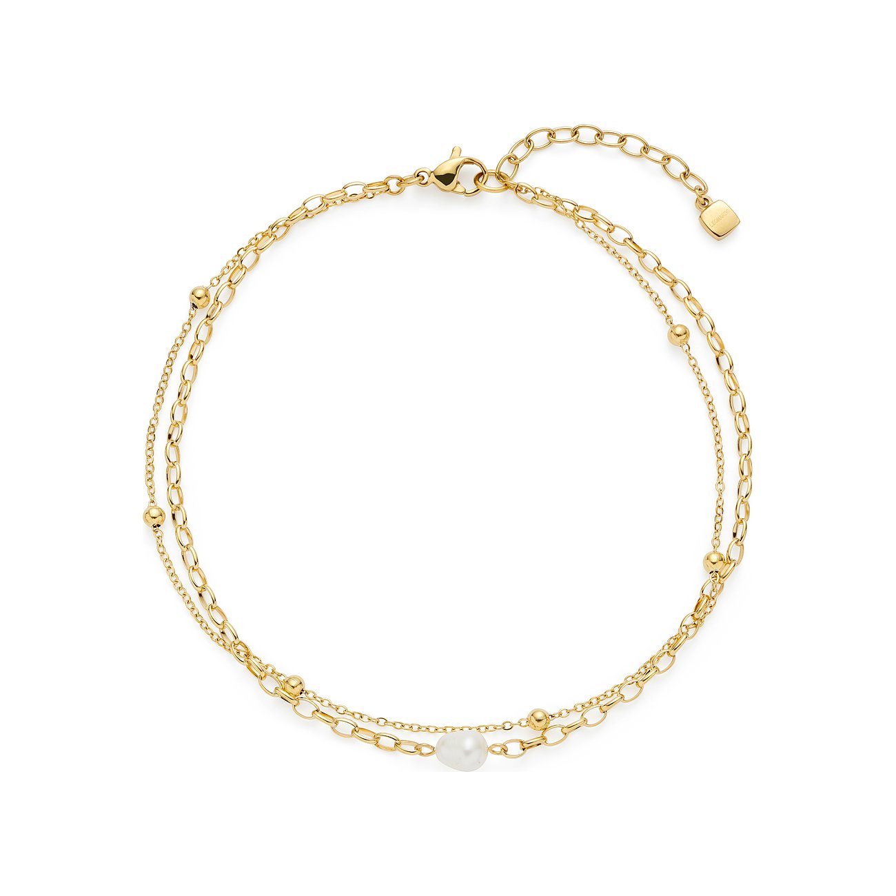 Leonardo mehrreihiges Armband aus goldenem Edelstahl mit Kügelchen und einem ovalen Glasstein.
