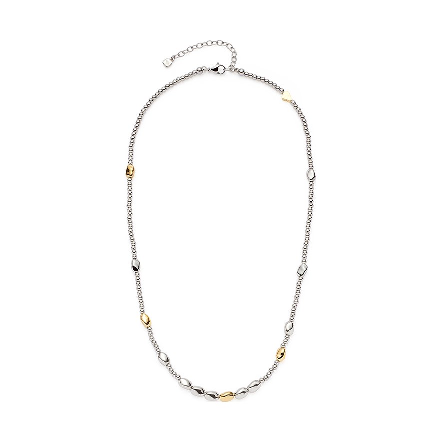 Leonardo Halsschmuck aus Edelstahl mit kleinen Kügelchen und unregelmäßig geformten glänzenden Elementen in Silber und Gold.