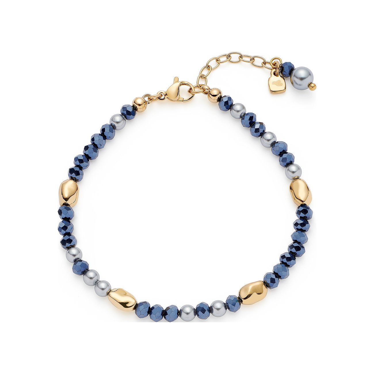Leonardo Armschmuck aus gelbvergoldetem Edelstahl mit blauen Schmucksteinen und grauen Perlen auf weißem Hintergrund.