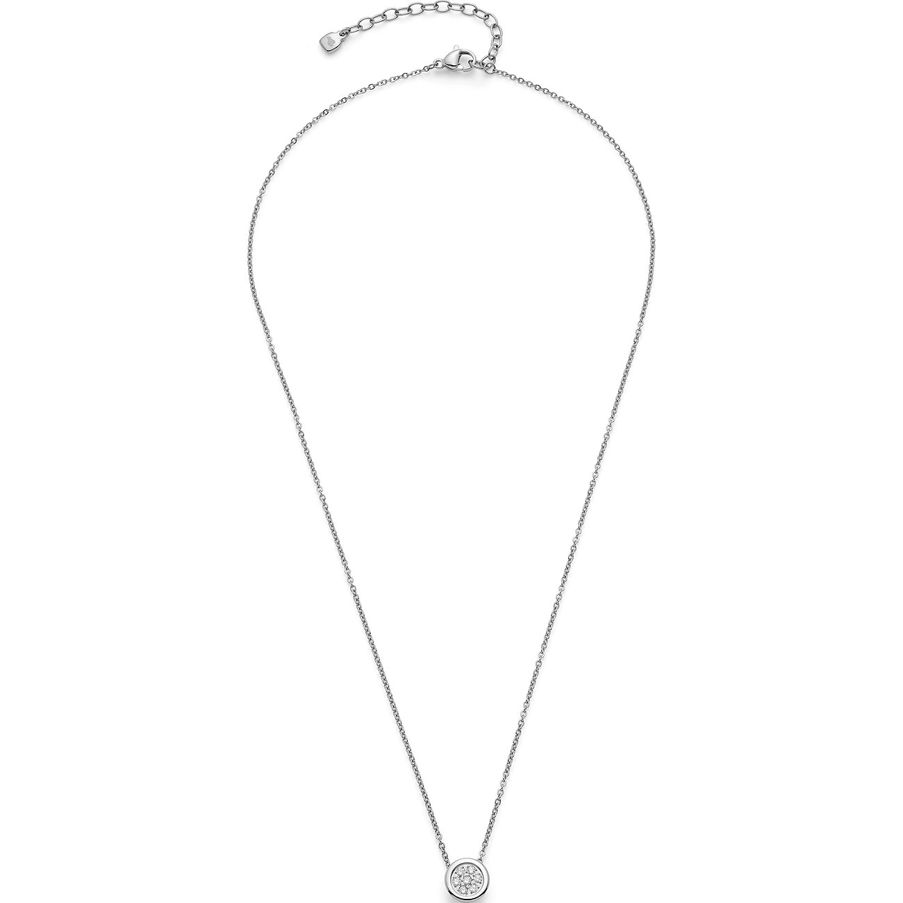 Leonardo halsband i rostfritt stål med runt hänge och gnistrande zirkoniasten i mitten.