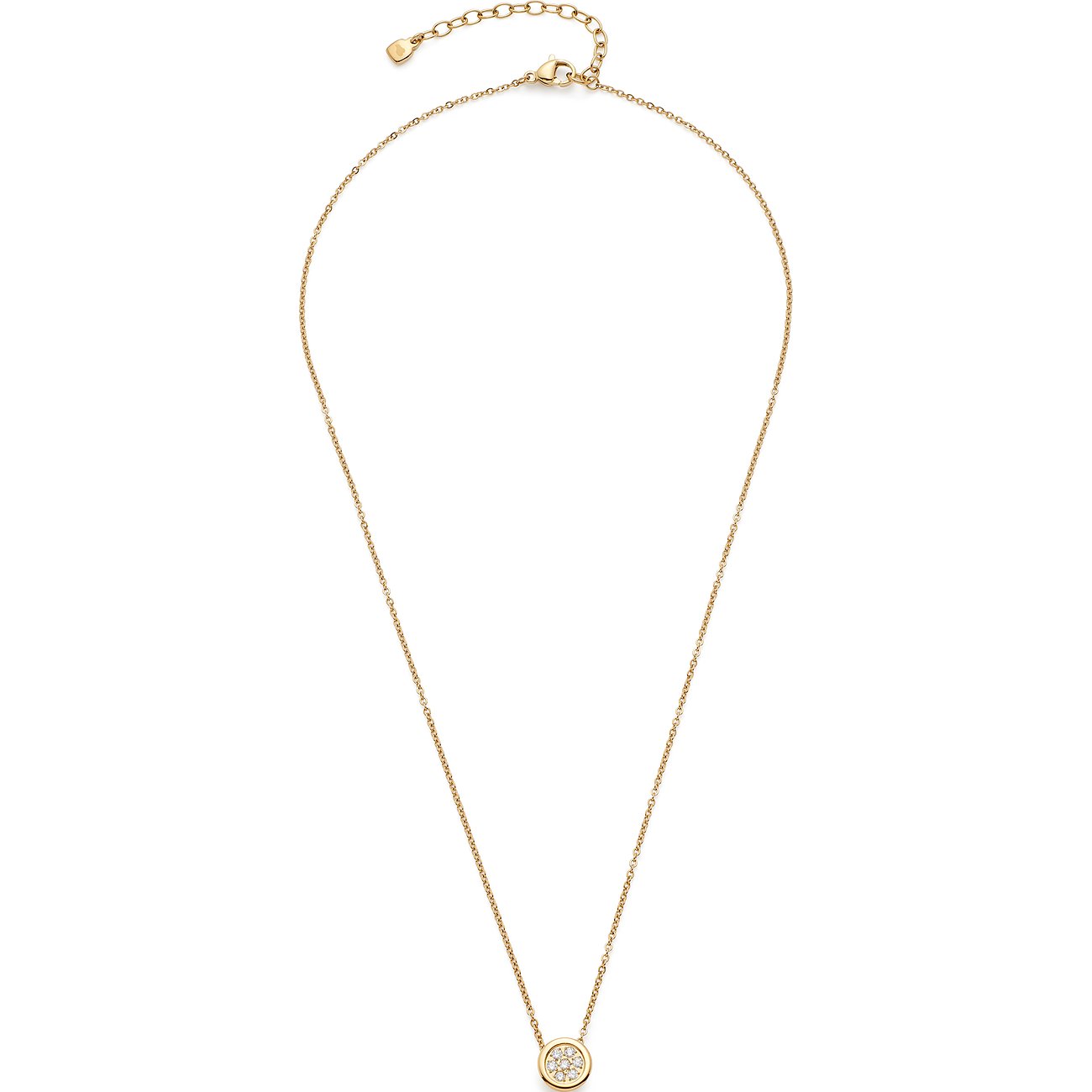 Un fin collier Leonardo en acier inoxydable doré avec un pendentif rond, orné de zircones, sur fond blanc.