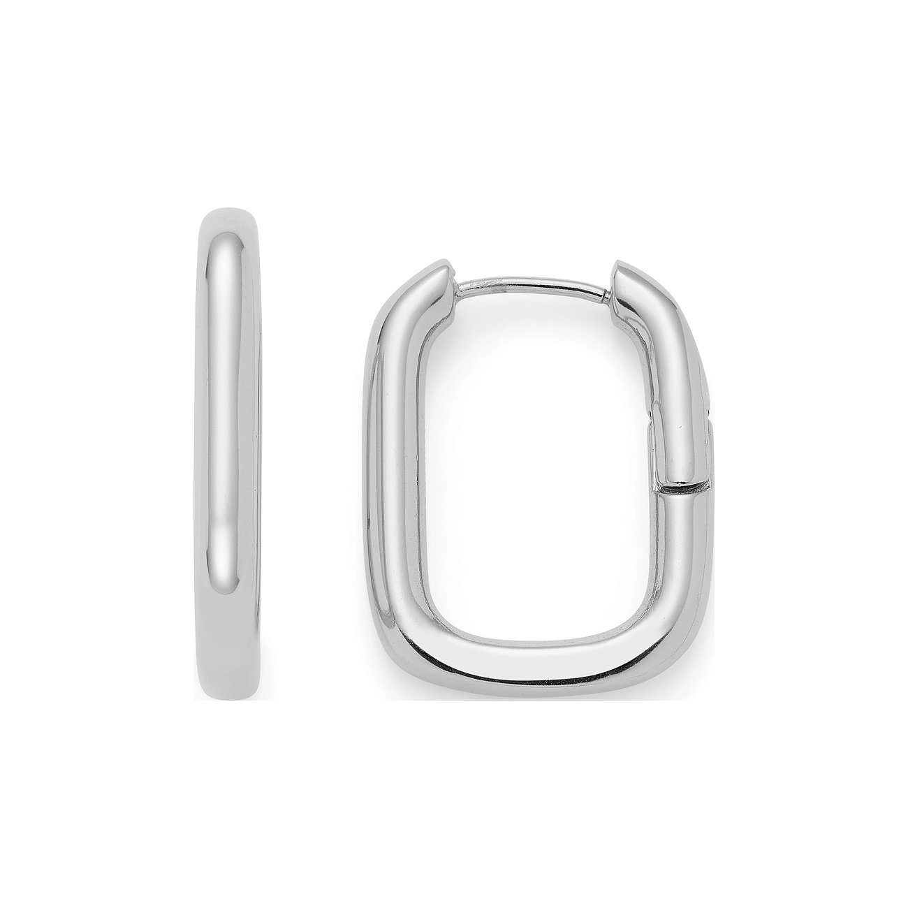 Leonardo örhängen i rostfritt stål: Glänsande, rektangulära kreoler framifrån, visar ett slätt, modernt utseende.