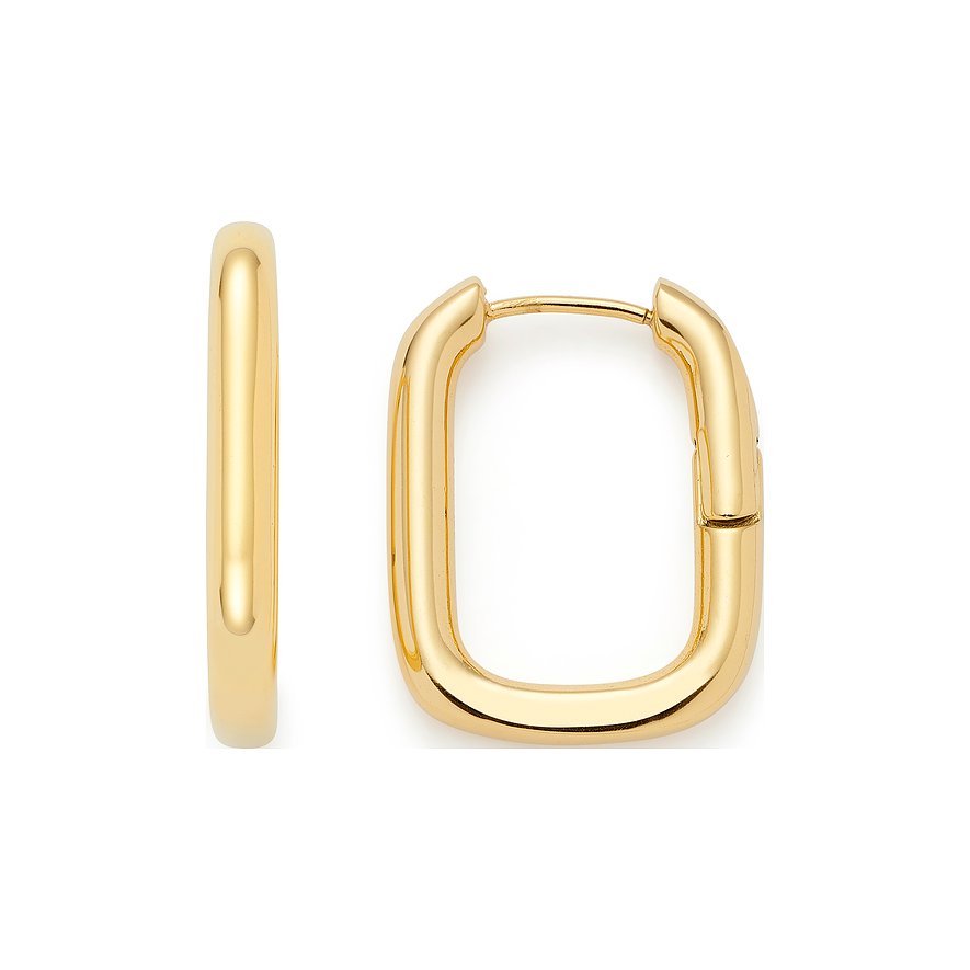 Twee rechthoekige Leonardo oorbellen van glanzend goudkleurig edelstaal, één zijdelings, de ander frontaal m. sluiting.
