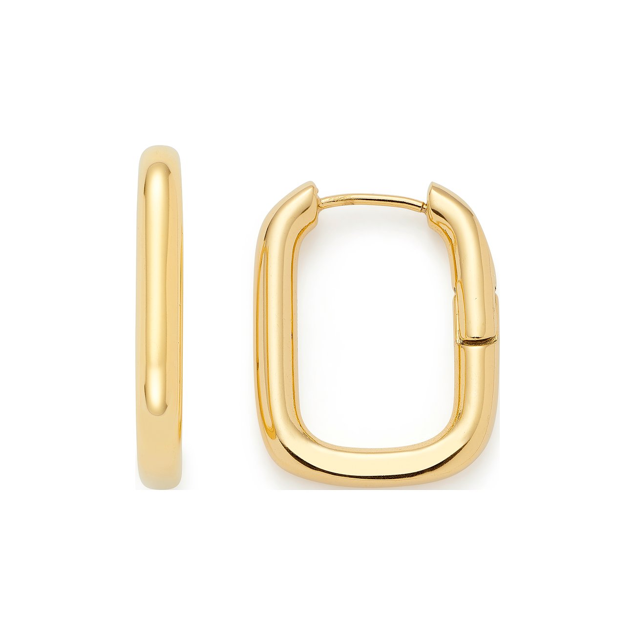 Twee rechthoekige Leonardo oorbellen van glanzend goudkleurig edelstaal, één zijdelings, de ander frontaal m. sluiting.