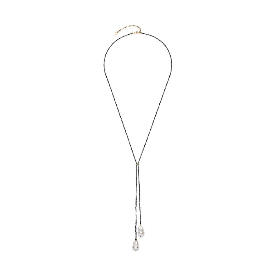 Collana a Y Leonardo in acciaio inox con catena di perline nere e due grandi pendenti di perle bianche.