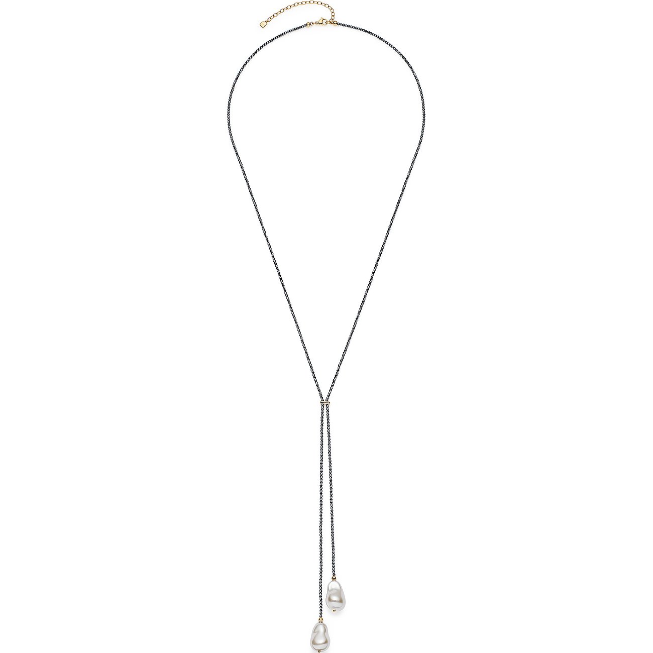 Collana a Y Leonardo in acciaio inox con catena di perline nere e due grandi pendenti di perle bianche.