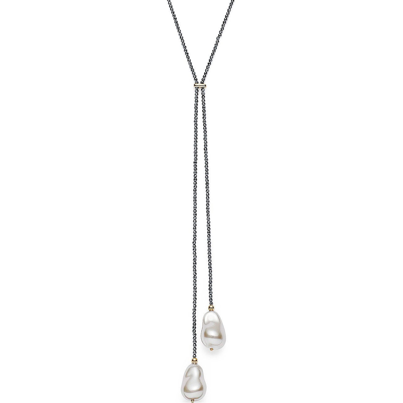 Collana a Y Leonardo in acciaio inossidabile scuro con due perle a goccia.
