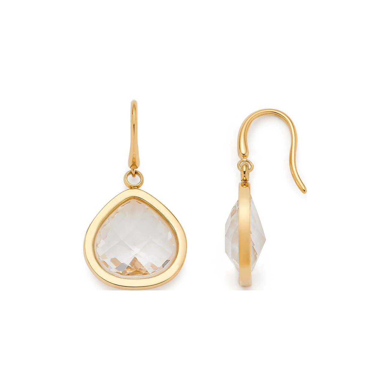 Ein Paar Leonardo Ohrhänger in Gold aus Edelstahl mit facettierten, birnenförmigen, klaren Schmucksteinen.