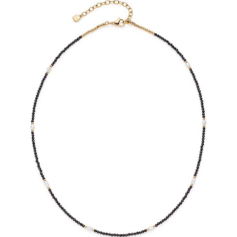 Leonardo halsband i rostfritt stål med små svarta glasstenar och oregelbundet infattade vita pärlor.