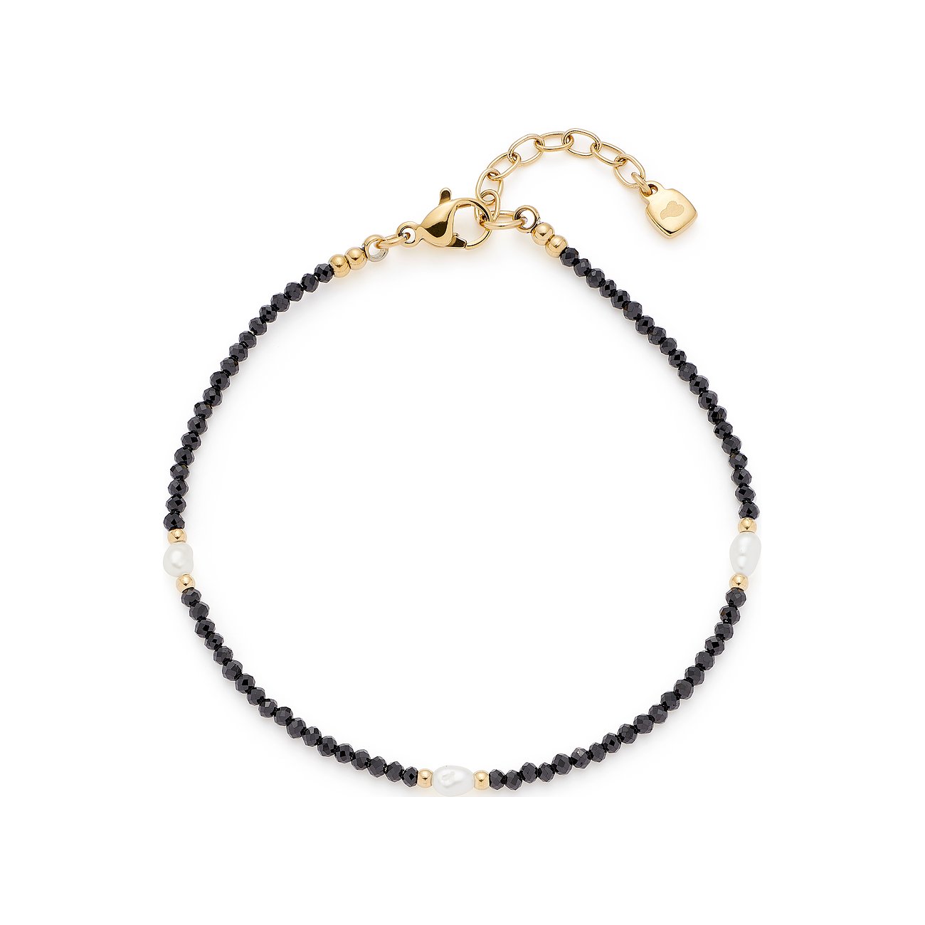 Leonardo Armband aus goldenem Edelstahl mit schwarzen Glassteinen und drei weißen Perlen in der Nahaufnahme.