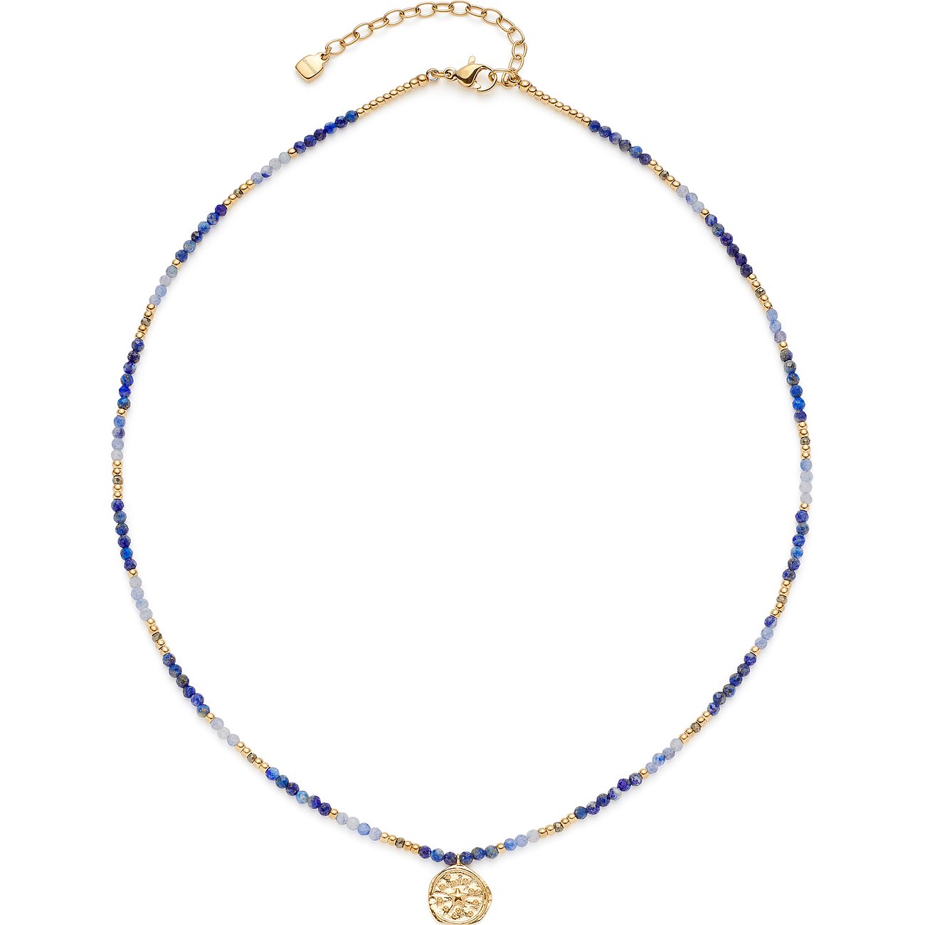 Leonardo Halskette aus Edelstahl mit Lapislazuli und einem runden, goldfarbenen Anhänger mit eingeprägtem Muster.