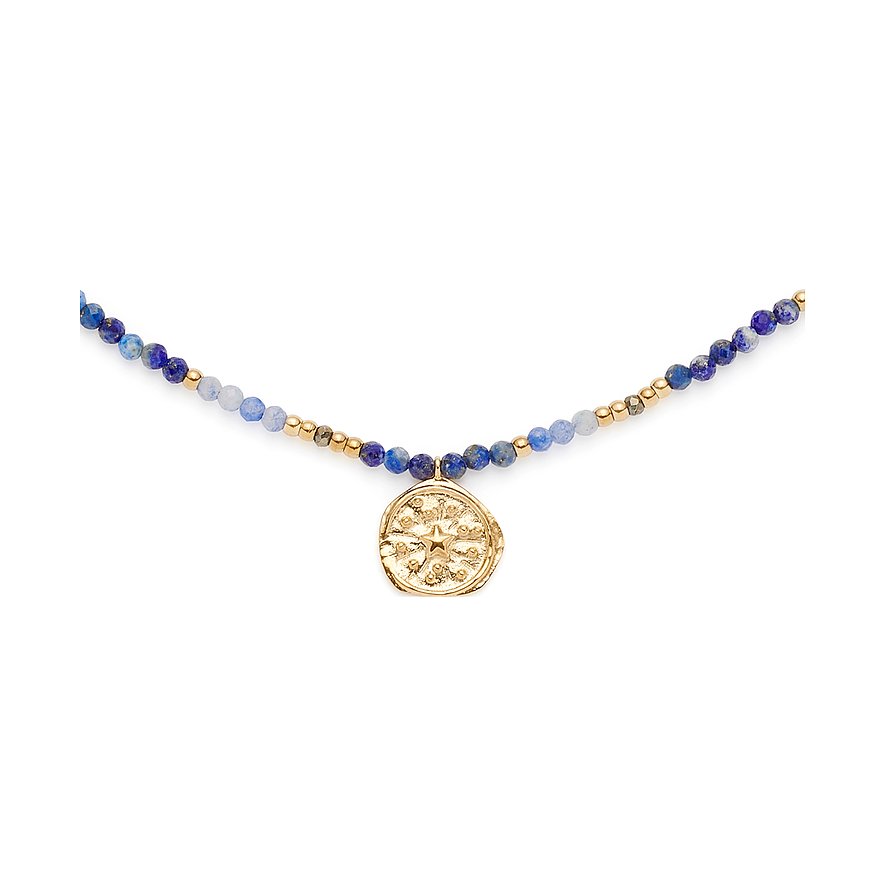 Leonardo Halskette aus Edelstahl mit blauen Lapislazuli Perlen und goldfarbenem Stern-Anhänger.