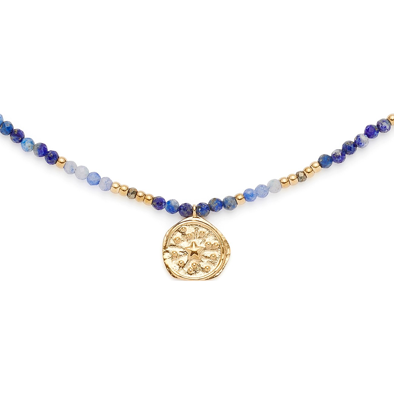 Leonardo Halskette aus Edelstahl mit blauen Lapislazuli Perlen und goldfarbenem Stern-Anhänger.