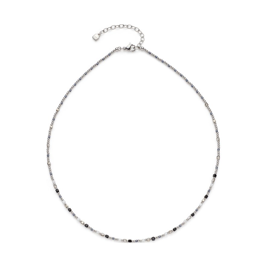 Collana Leonardo in acciaio inox con piccole perline rotonde in acciaio e pietre di vetro bianche e nere.