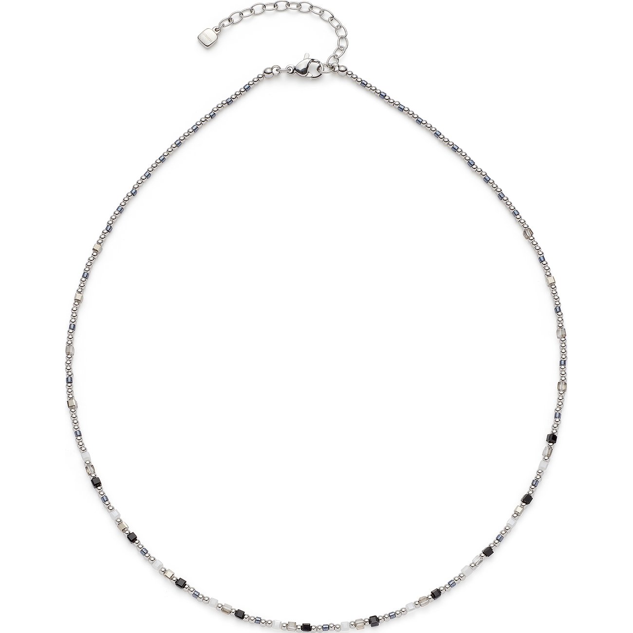 Collana Leonardo in acciaio inox con piccole perline rotonde in acciaio e pietre di vetro bianche e nere.