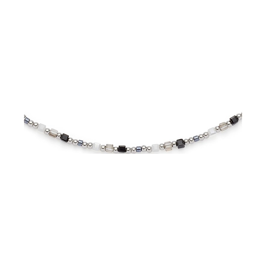 Collana Leonardo in acciaio inox con pietre di vetro a forma di perla e cubo nei colori nero, bianco e grigio.