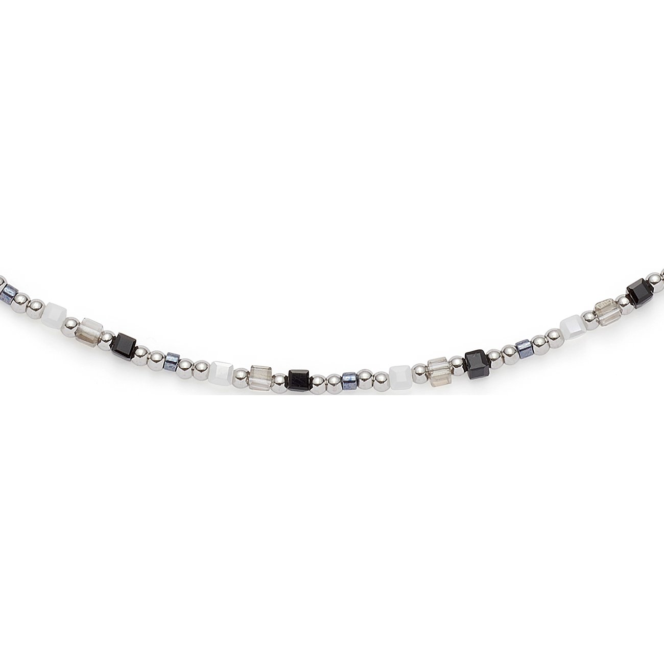 Collana Leonardo in acciaio inox con pietre di vetro a forma di perla e cubo nei colori nero, bianco e grigio.