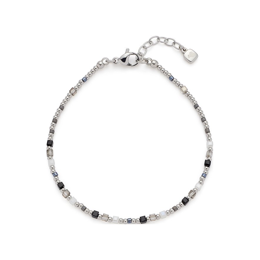 Leonardo Armband aus Edelstahl mit kleinen, runden Perlen und abwechselnden schwarzen, weißen und grauen Glassteinen.