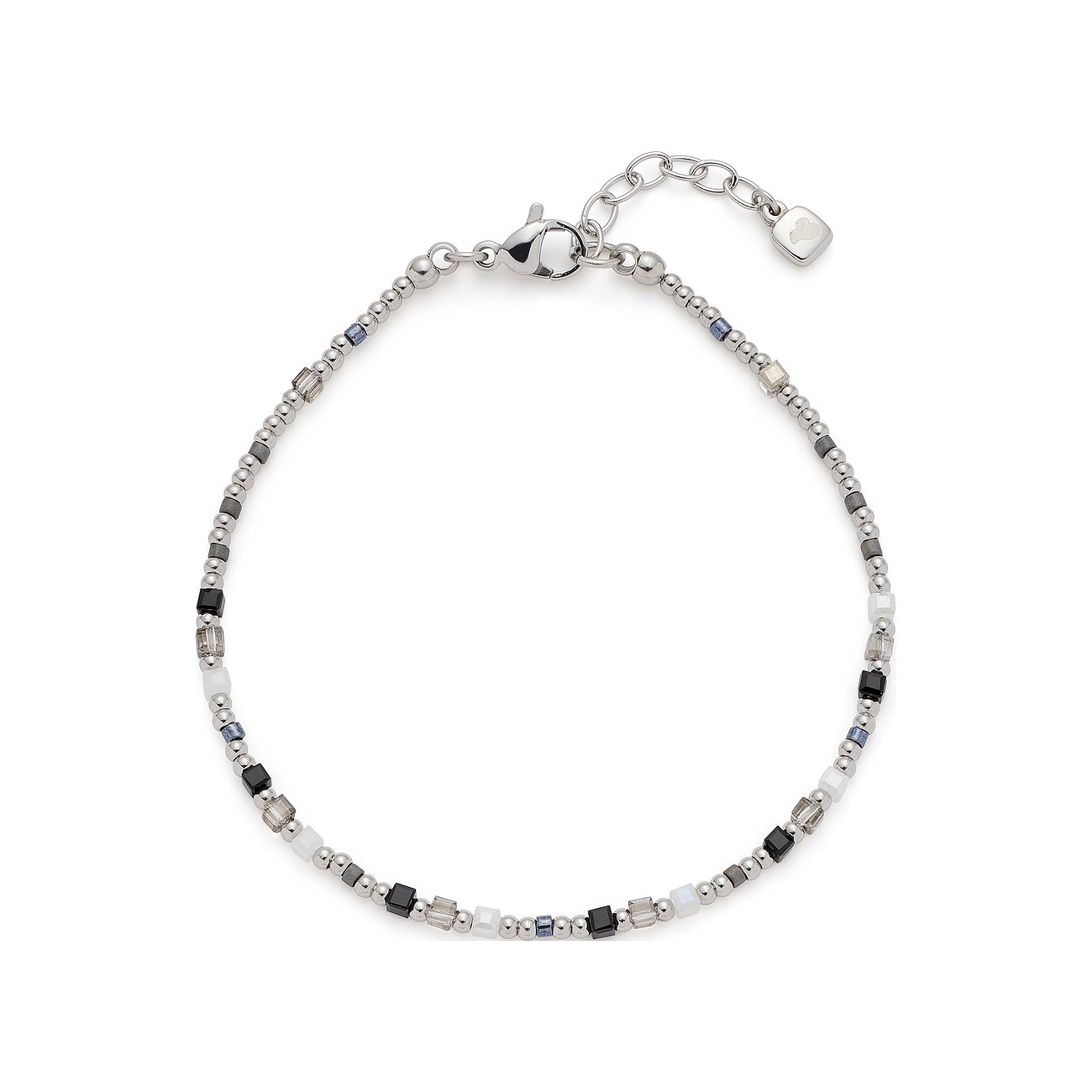Leonardo Armband aus Edelstahl mit kleinen, runden Perlen und abwechselnden schwarzen, weißen und grauen Glassteinen.